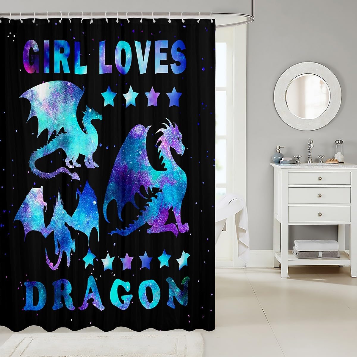 Feelyou Dragon Shower Curtain Cartoon Dragon Bathroom Shower Curtain Set for Kids Boys Girls Purple Nebula Bath Curtain Waterproof Mysterious Outer Space Kids Bathroom Accessories 72"x78"