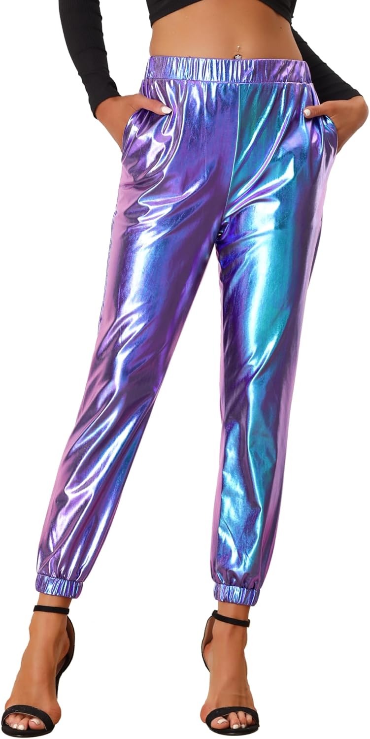 Allegra K Women's Metallic Trousers Christmas Shiny Sparkle Elastic Waist Holographic Pants