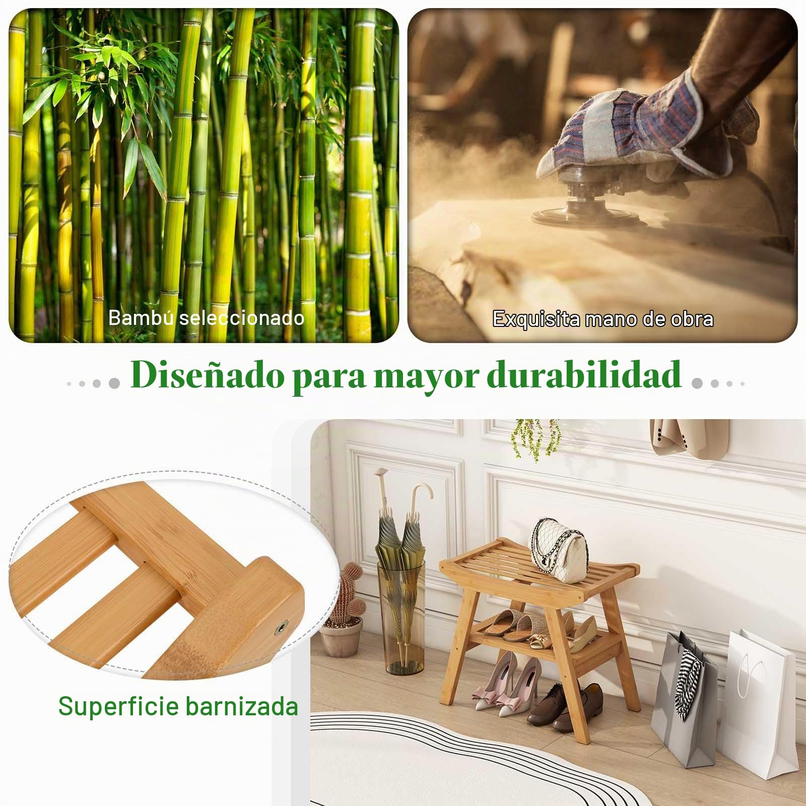 Homasis Set de Banco de Ducha de Bambú con Estante de Almacenamiento, Taburete de Ducha de Baño con Antideslizante para Pies, Capacidad de Carga 150 kg, para Adultos, Mujeres Mayores, Ancianos, Interi