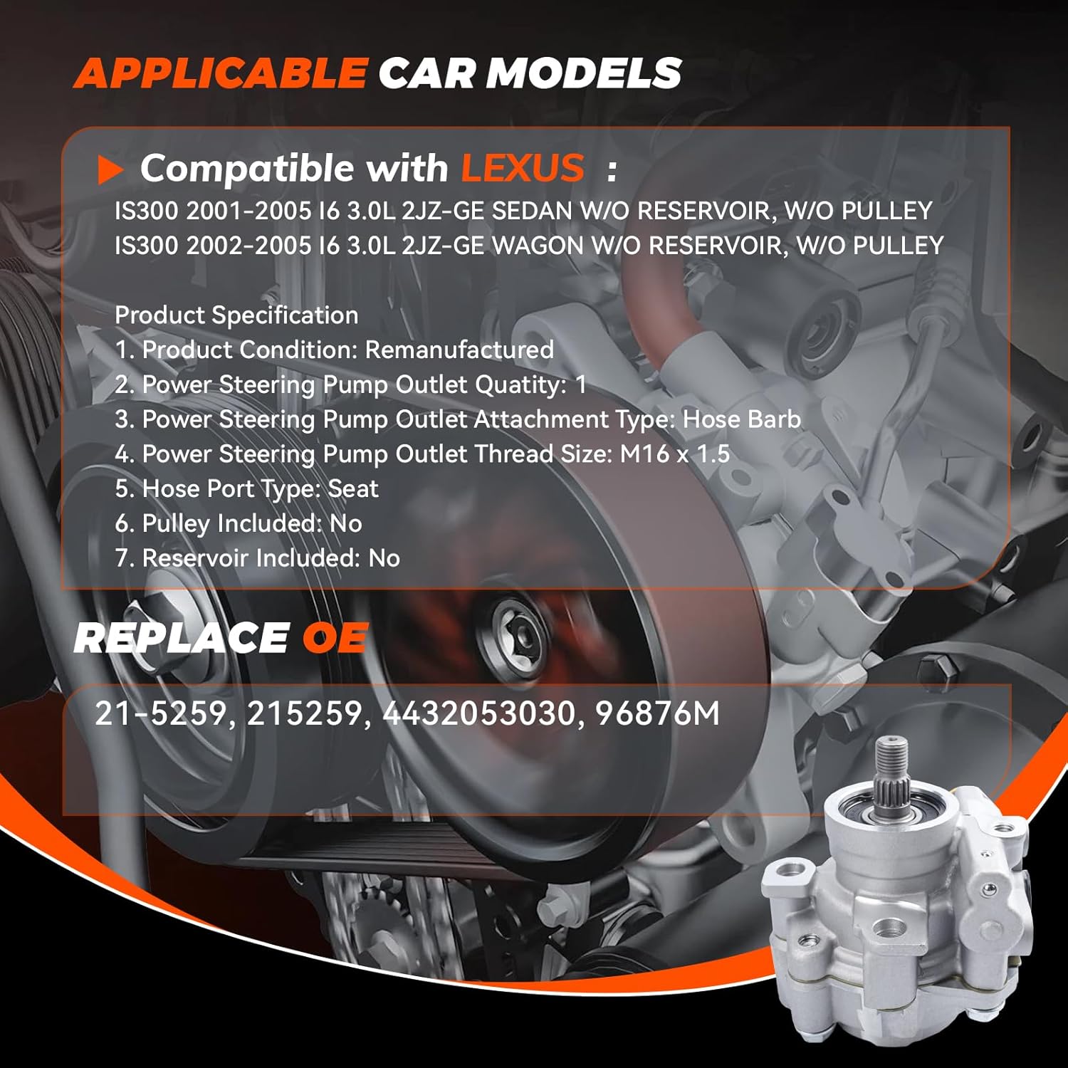 21-5259 Power Steering Pump Assembly Compatible with Lexus IS300 2001 2002 2003 2004 2005, 3.0L Power Assist Pump Replace # 4432053030