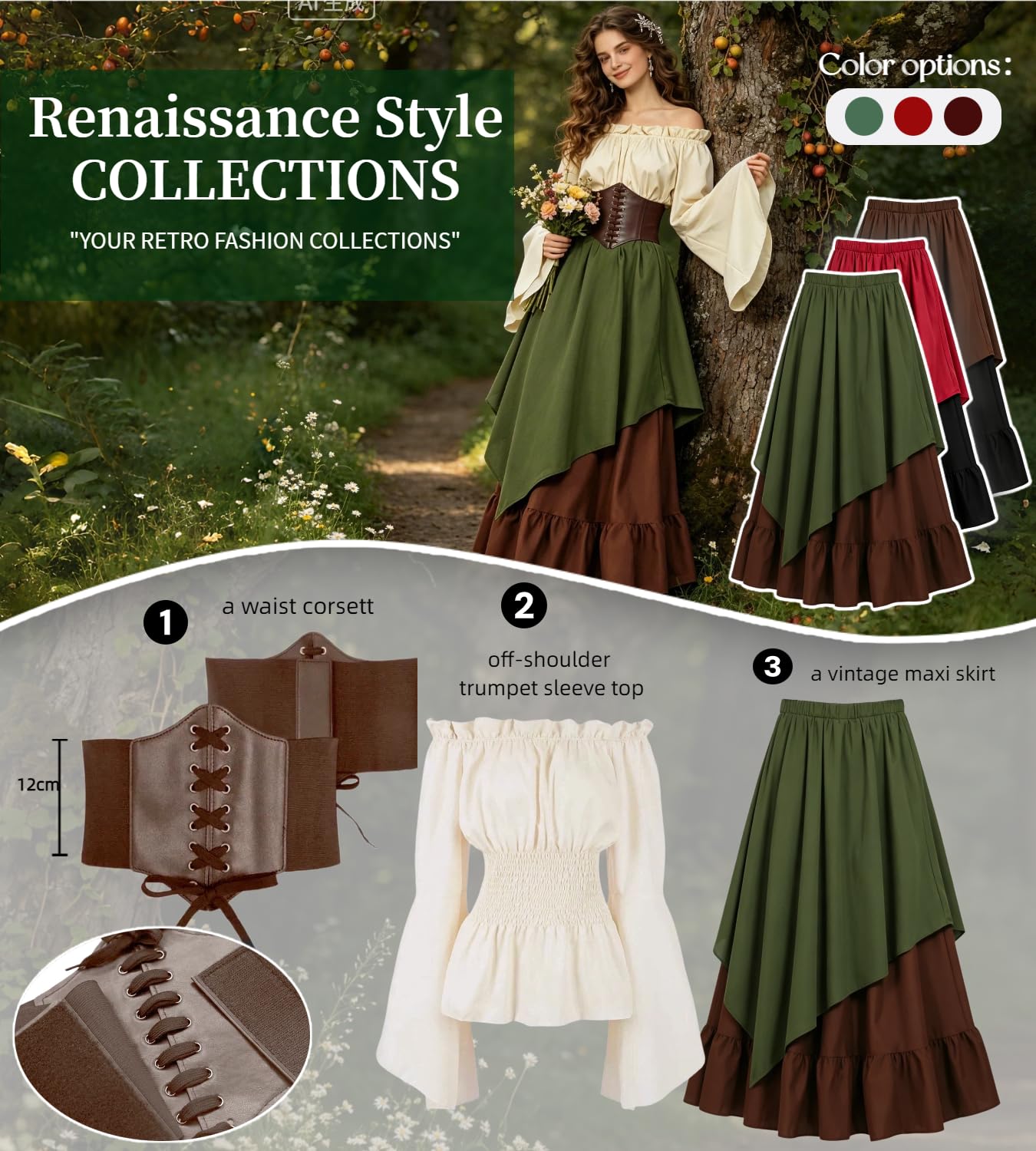kasahara Mittelalter Kleidung Damen Set, Retro Off Shoulder Bluse Kleid Renaissance Kostüm Victorian Bekleidung Maxi Dressm mit Corsett Karneval Faschingskostüm