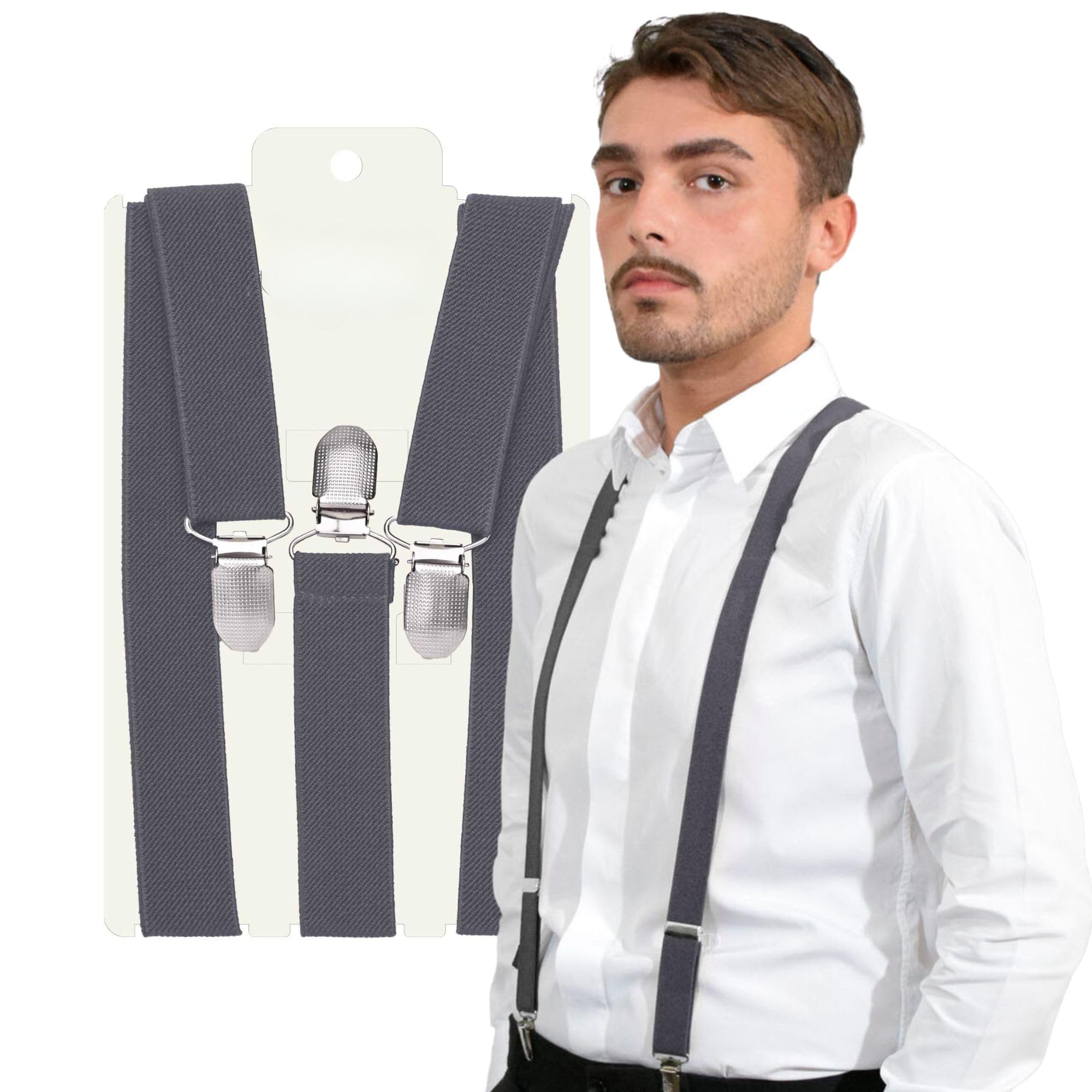 Basic Sense Men's Grey 25Mm Plain Braces Heavy Duty Engraved Clips,