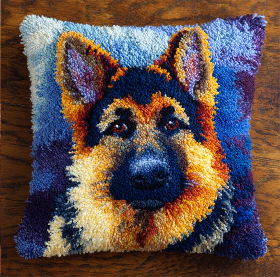 Kitquiver U Animal Latch Hook Cushion Kits German Shepherd Portrait Crochet Needlework Crafts With Latch Hook Tool For Adults Diy Handmade Home Cushion Kits Decor 17X17in