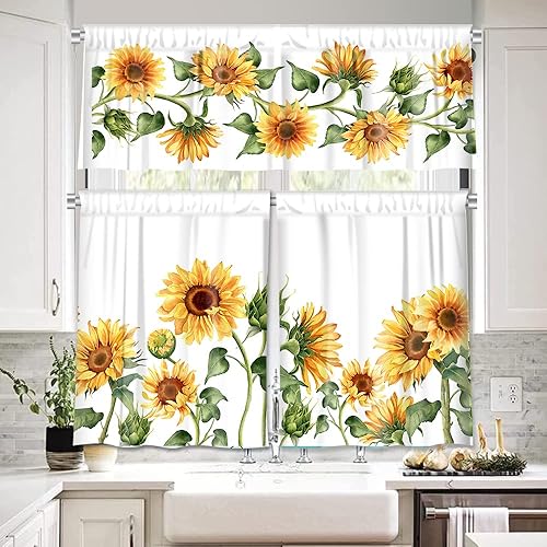 Miniatura 2 de Juego de cortinas de cocina de girasol de 3 piezas - Cenefas y niveles con bolsillo para varilla - 58 pulgadas de ancho x 14 pulgadas de alto +