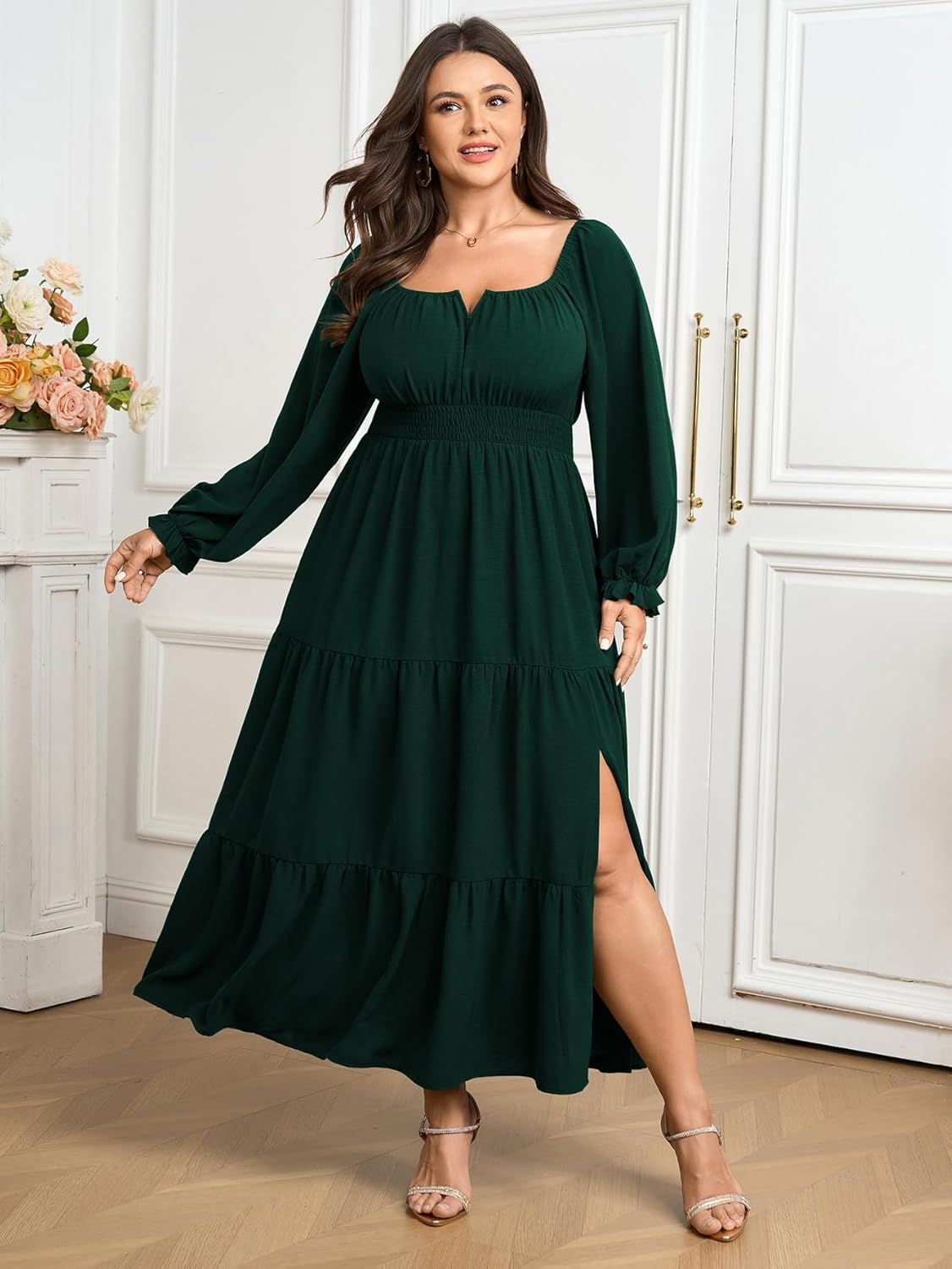 SCOMCHIC Womens Plus Size Formal Dress Fall Long Sleeve Square Neck Flowy A Line Tiered Side Split Wedding Guest Maxi Dress - Image 2