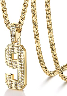 U7 Gold Initial Number Necklace for Men, Bling Baseball Number Letter Chain
