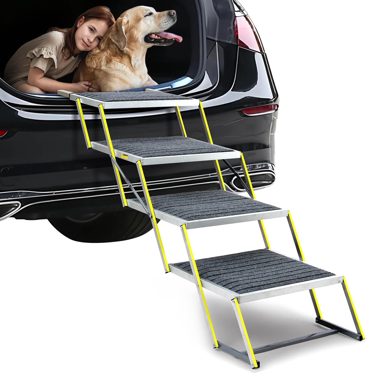20 Extra Wide Dog Ramp, 4-Step Foldable Pet Stairs with Non-Slip Carpet - Lightweight Aluminum for SUV/Truck/Car  High Beds - Supports Large Dogs up to 200Lbs