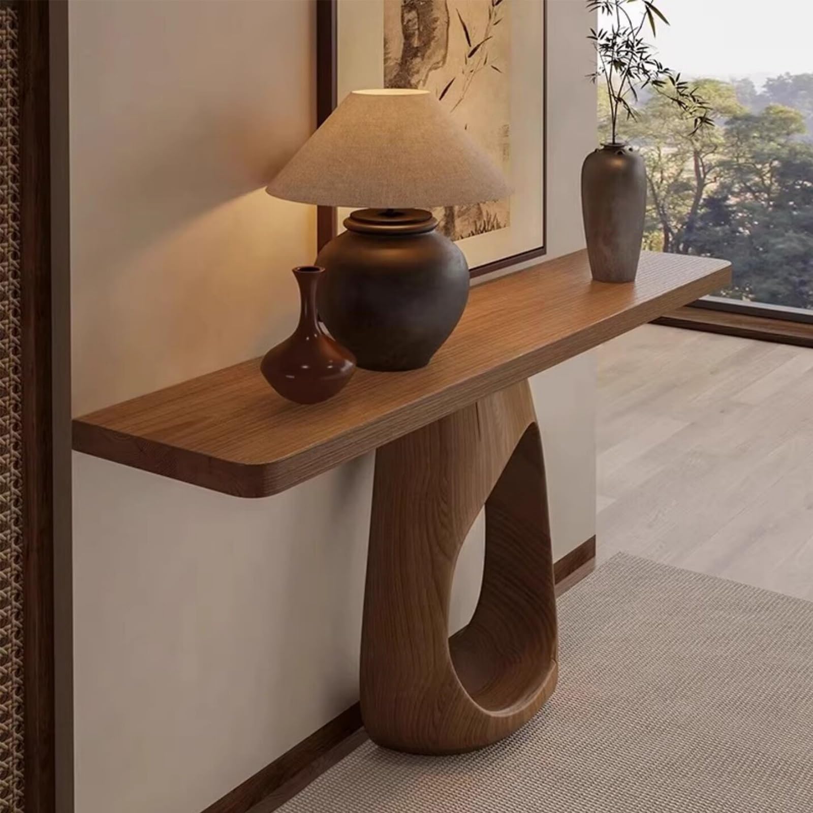 Mesa consola estrecha para pasillos pequeños con espacio de guardado y zona para mascotas
