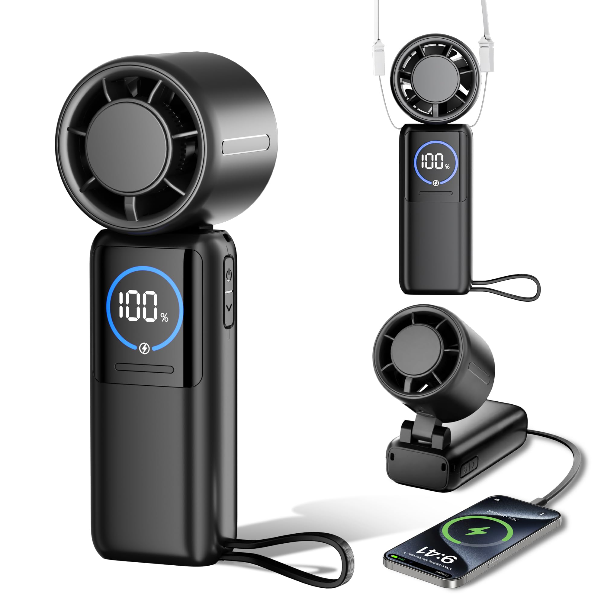 Ventilatore Portatile, 100 Velocità Ventilatore USB Ricaricabile di 15000mAh Batteria Autonomia 50h, Raffreddamento Turbo 15m/s, Pieghevole 4in1 Ventilatore da Tavolo e Collo per Esterni, Viaggi, Casa