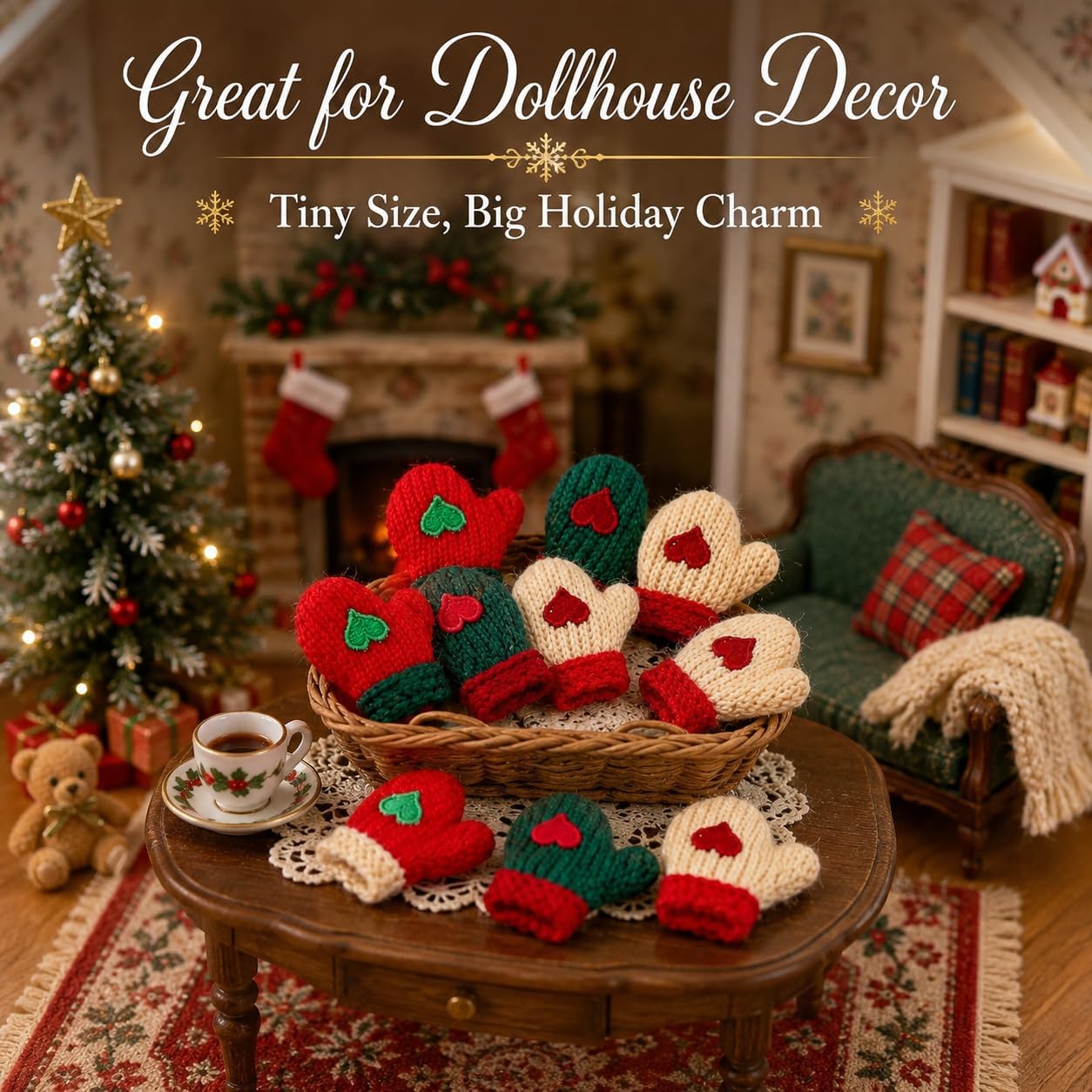 16pcs Mini Christmas Knit Gloves,4 Colors Dollhouse Miniature Mitten Knitting Santa Mittens Christmas Tree Ornaments Gloves Craft Size Mittens for DIY Xmas Doll Crafts