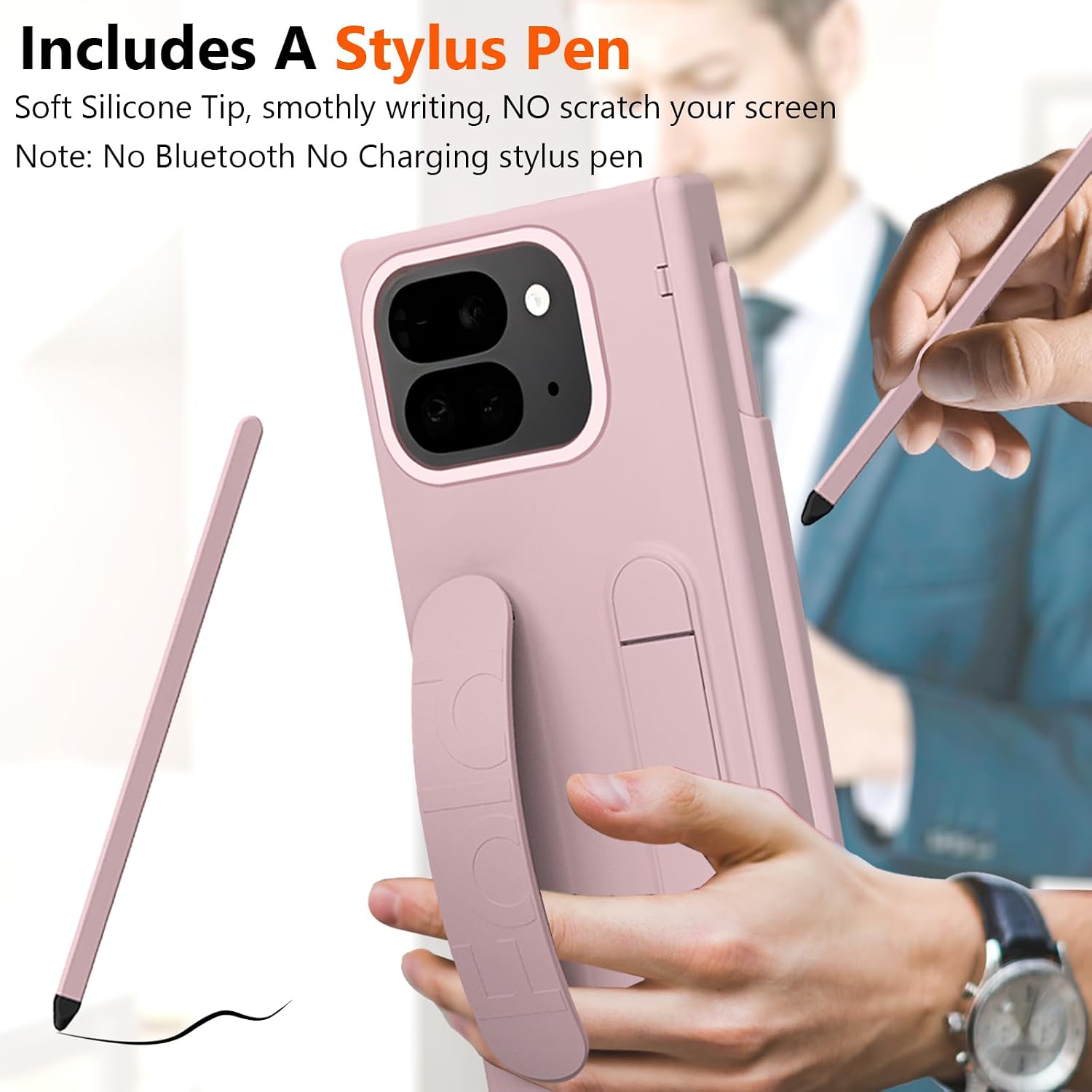 for Google Pixel 10 Pro Fold Case with S Pen Holder & Stylus, Hand Strap Phone Case with Kickstand, Hinge Protection, Screen Protector, Wrist Strap Cover for Google Pixel 10 Pro Fold Pink