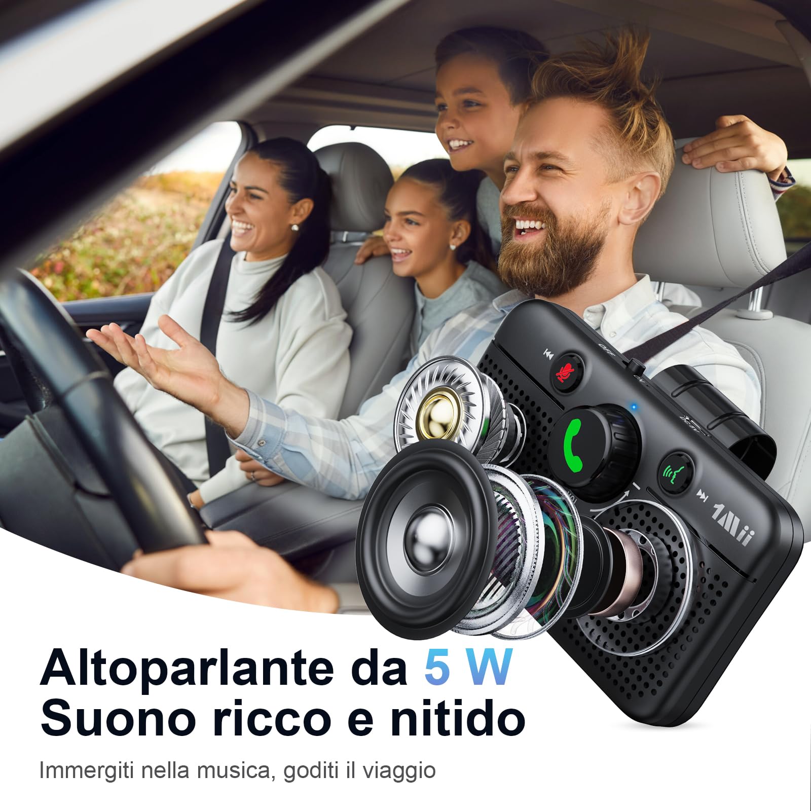 1Mii Kit Vivavoce per Auto Bluetooth 6.0 con Siri Assistente Comandi Vocali di Google Altoparlante, per Chiamate Viva Voce, GPS, Connessione Automatica, Altoparlante da 5W, Connettività Dual Link