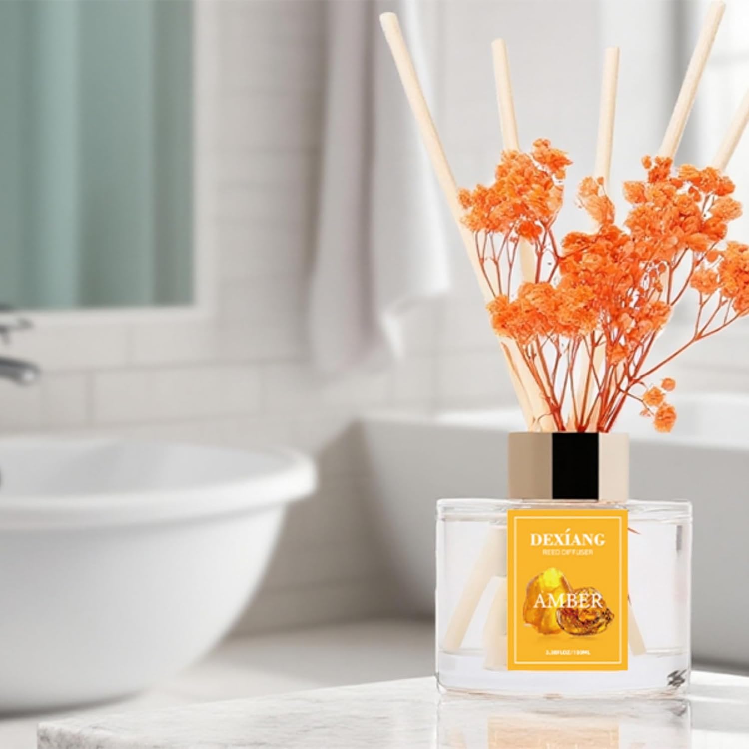 Reed Diffuser Set - 3.38 fl oz (100ml) Amber Home Fragrance Reed Diffuser for Bathroom Shelf Decor 6 Reed Stick - Image 4