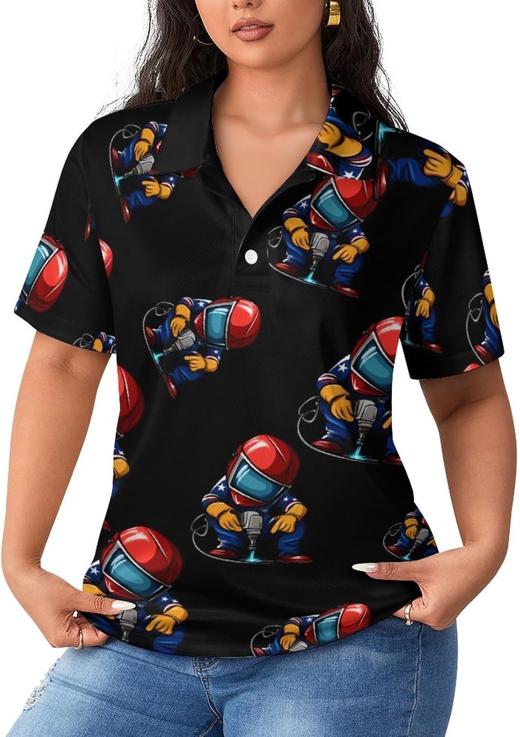 USA Flag Welder Womens Golf Polo Shirts Summer Short Sleeve Collared 3 Buttons T Shirt Activewear Tops