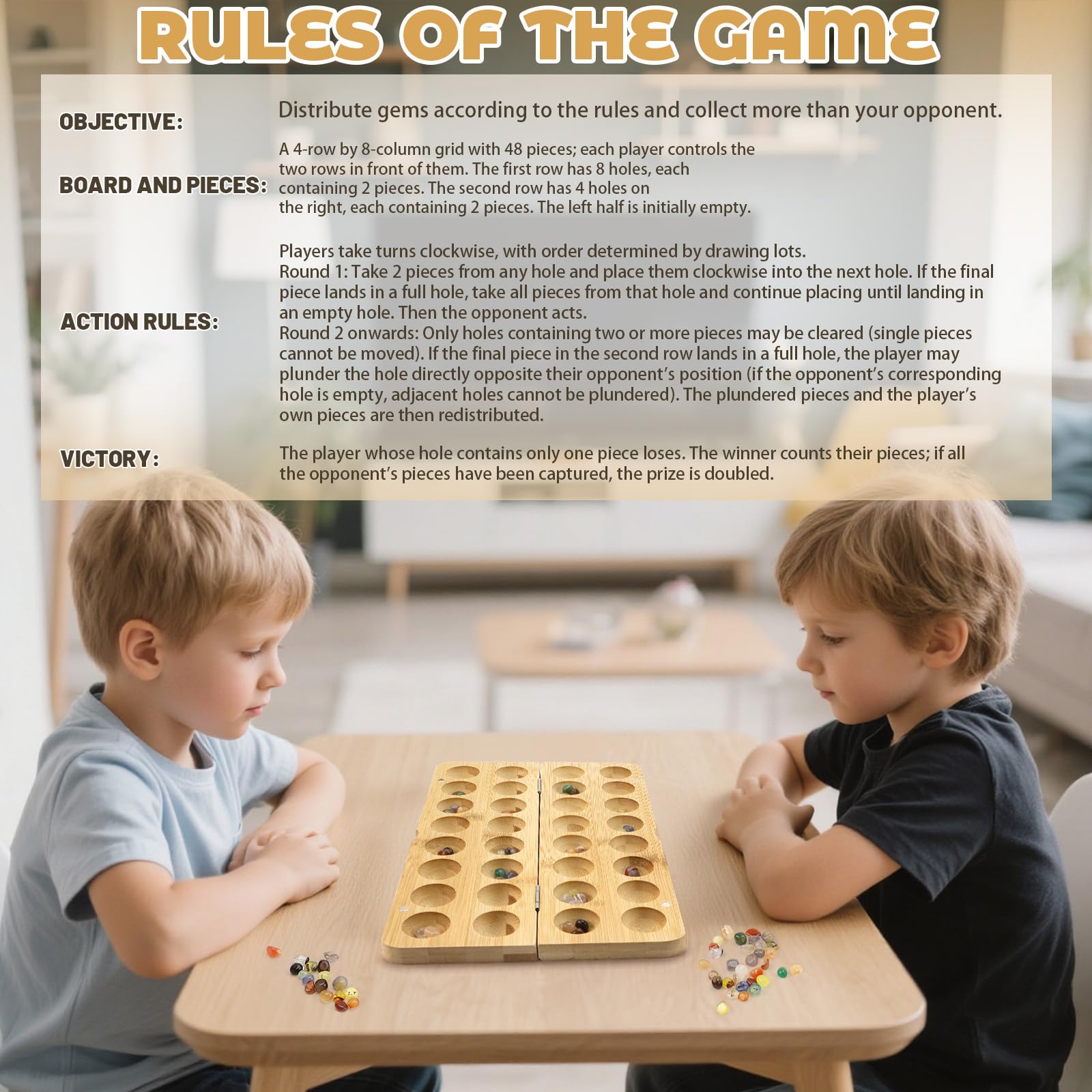 Steinchenspiel Hus - Bao - Kalaha Spiel Edelsteinspiel aus Holz inkl. Edelsteinen Strategiespiele für Kinder Erwachsene
