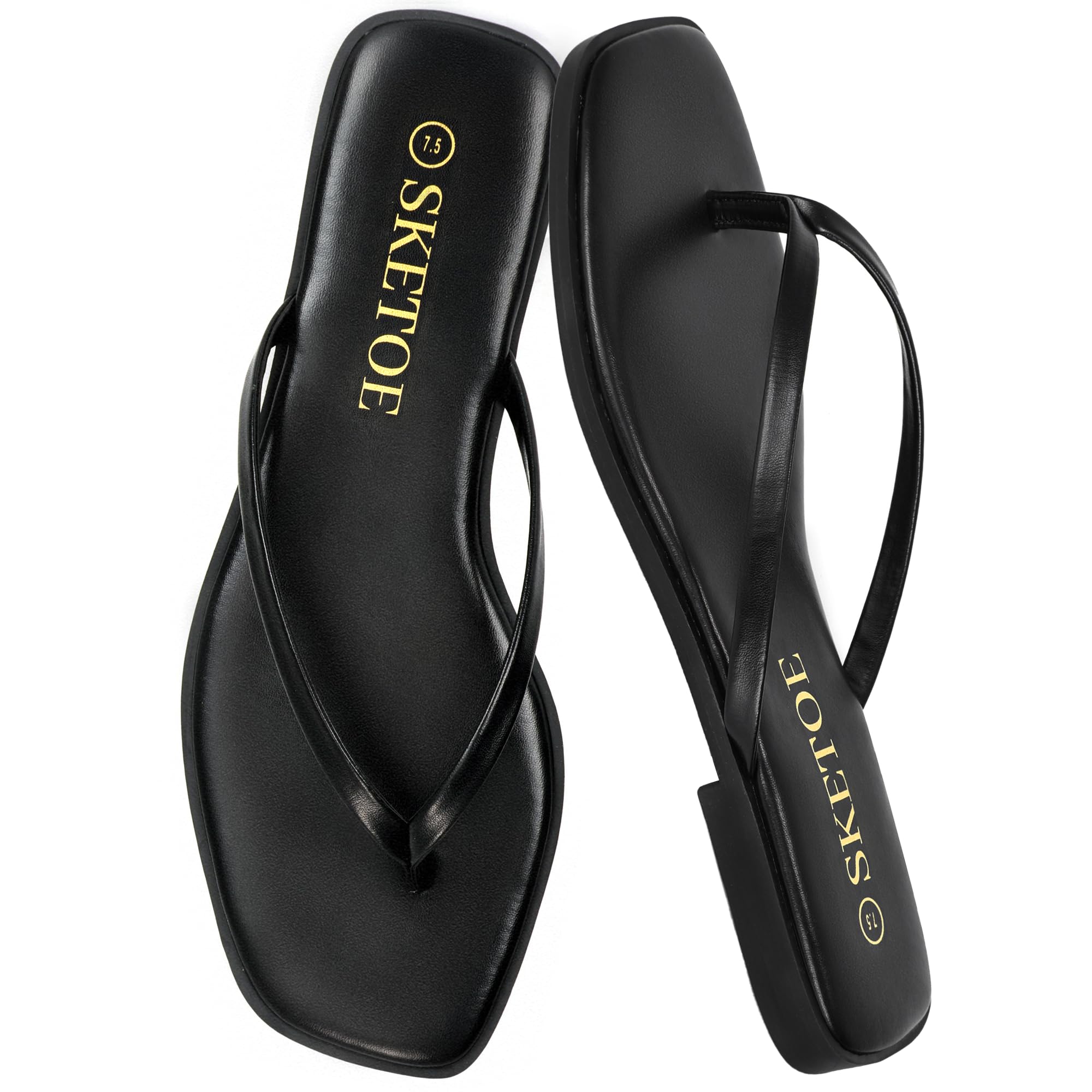 Flip Flops for Women Square Toe Flat Sandals for Women Comfortable Thong Sandals Vegan Leather Flip Flops Lightweight