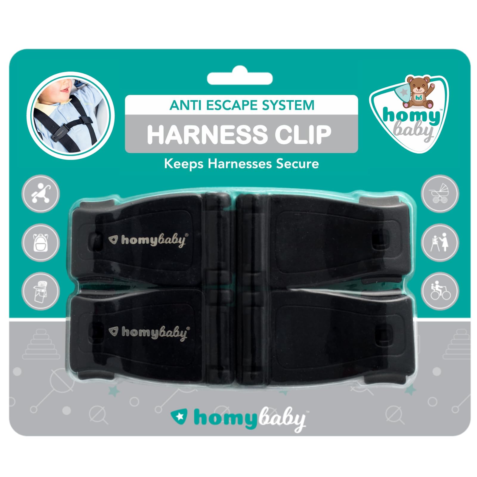 HOMYBABY® Babyschutz - Brustclip für Babys - Gurtverlängerung Kindersitz - Abschnallschutz Kinder - Verhindert dass das Kind den Gurt aufmacht - Anti-Ausbruch-Clip-System für Hochstuhl und Kinderwagen