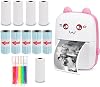 Thermal Label Printer with Usb Recharge Portable Bluetooth Wireless Photo Printer Compatible with Android or iOS with 1 Roll Thermal Paper(Pink)