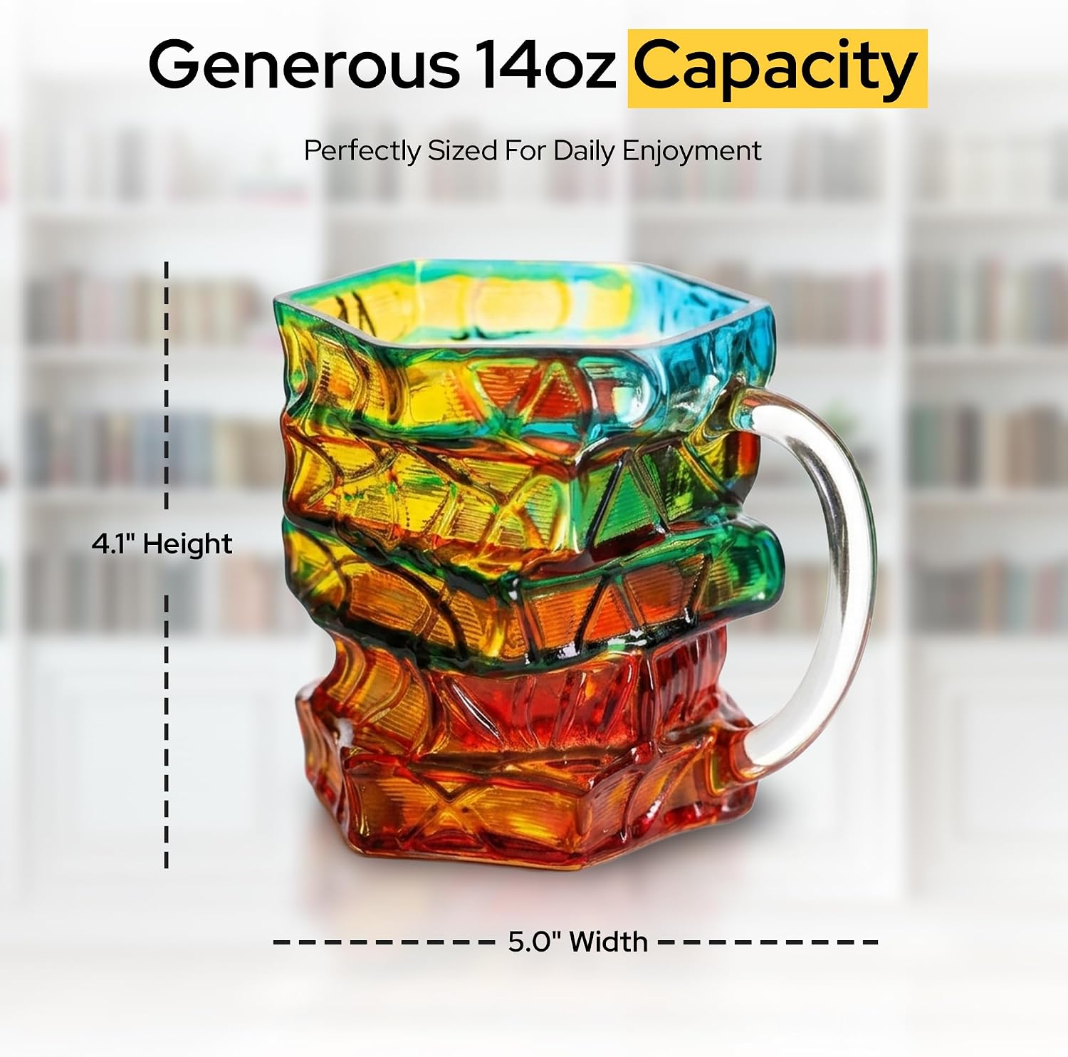 3D Stained Glass Book Mug 14oz (420ml) – Thick Glass Coffee Mug with Stacked Books Design, Book Lover Gifts for Women, Men, Readers, Writers, Teachers & Librarians, Tea Cup for Coffee & Tea
