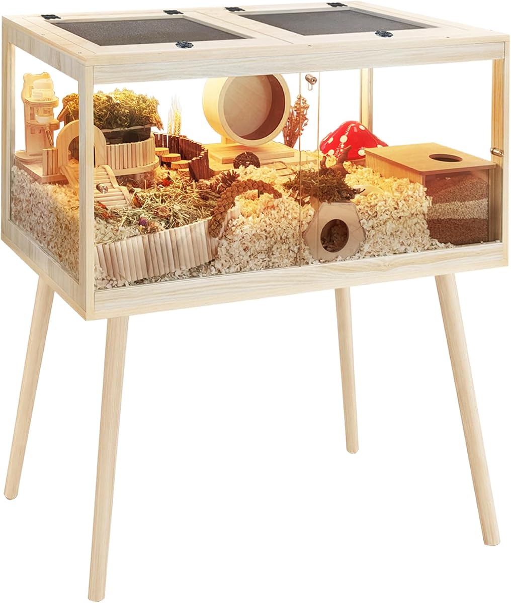 Hamster Cage Chewproof, Mice and Rat Habitat with Transparent Sides, Hamster Cage with Openable Mesh Top, Solid Built with Lock Design and Leg Stand, 32" Long