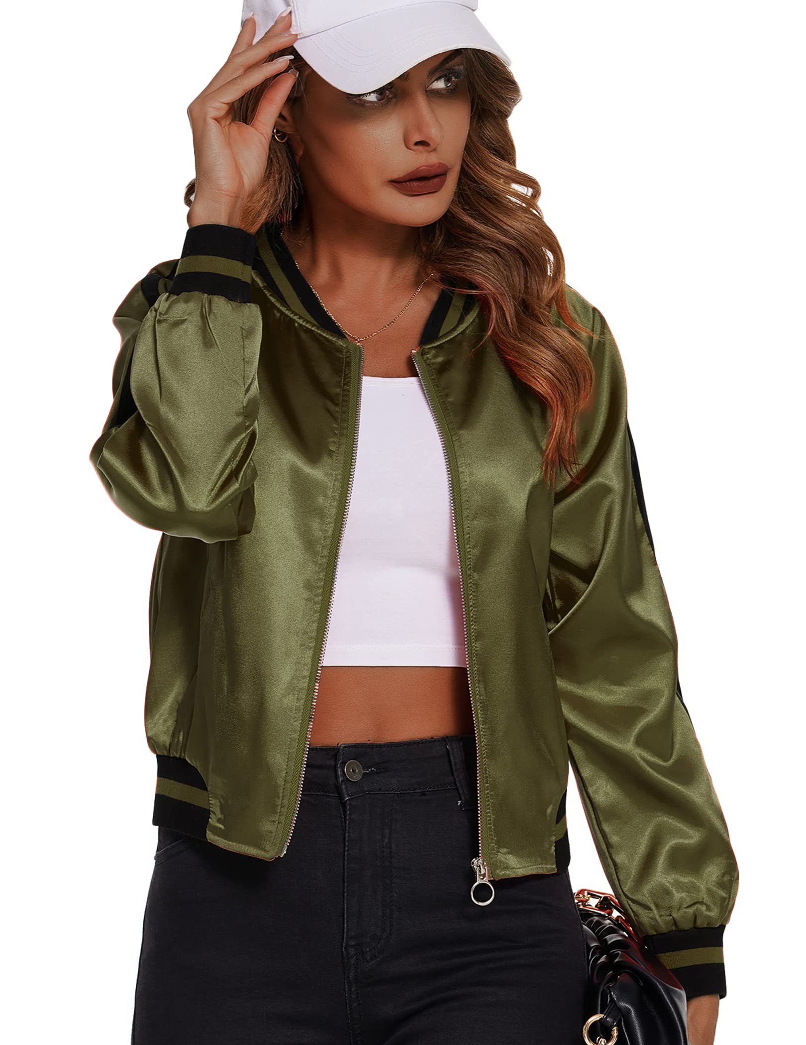 ZeagooWomen's Bomber Jacket Lightweight Zip Up Jacket Casual Striped Jacket Coat Outerwear Windbreaker with Pockets