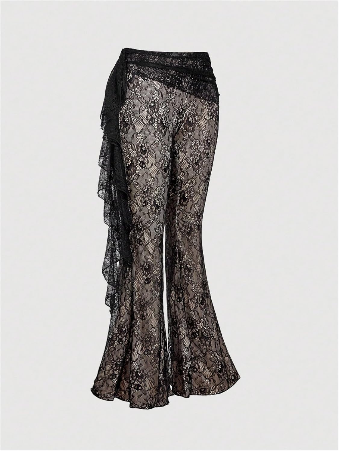 SHENHE Women's Floral Lace Flare Pants Ruffle Trim Low Rise Y2k Bell Bottom Dressy Pants - Image 3