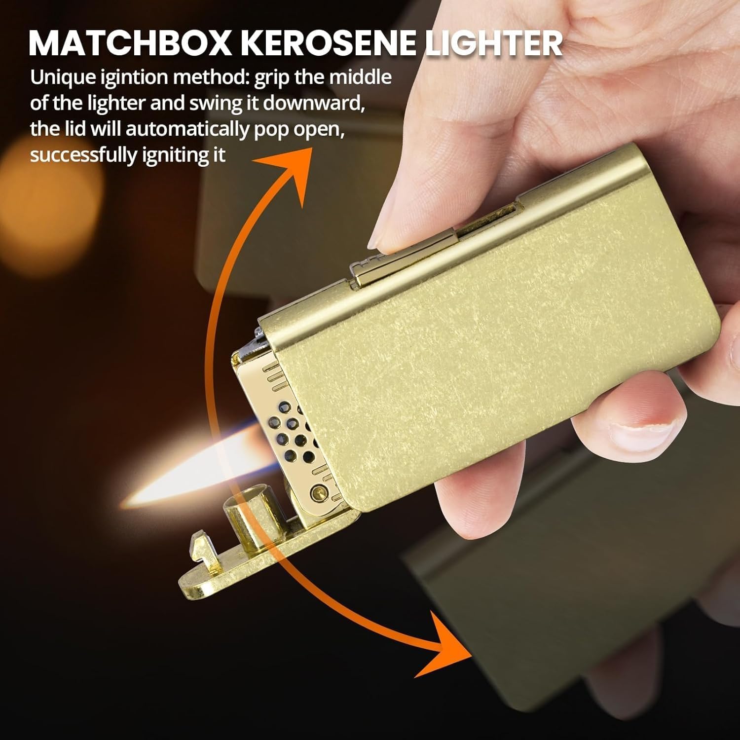 Cool Trench Lighter,Vintage Lighter, Unique Lighters with Creative Ignition, Antique Brass Matchbox Kerosene Lighter Fluid Refillable, Soft Flame Lighter, Great Gifts for Men Dad Husband(Gold)