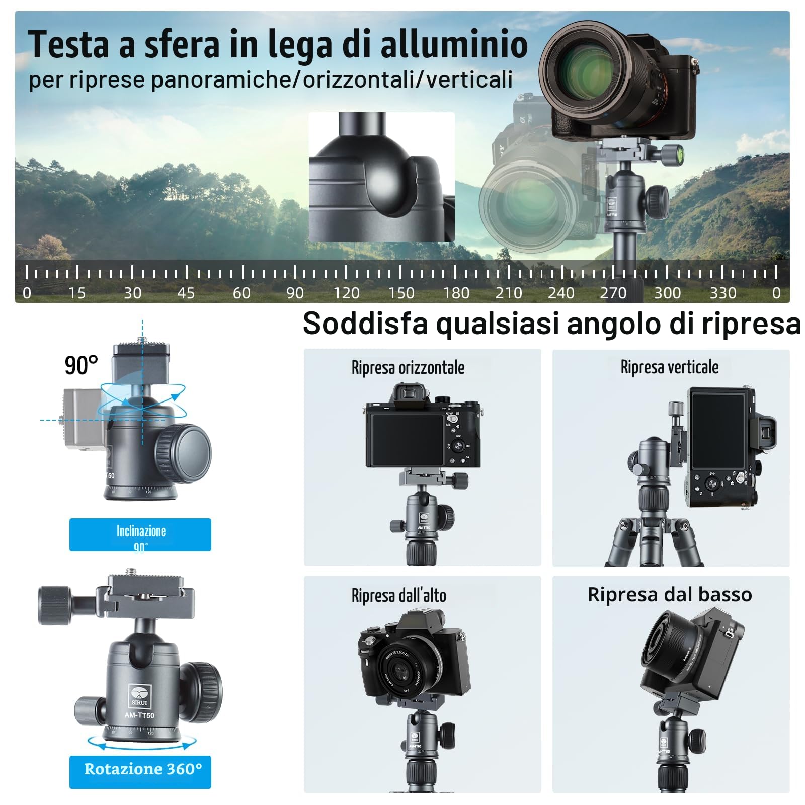 SIRUI Mini Treppiede da Tavolo Compatto, 50,8 cm Treppiede Portatile Piccolo in Alluminio con Testa Sfera a 360° e Supporto per Telefono per DSLR, Fotocamera, Telefono, Carico Fino a 10kg, AM-TT50