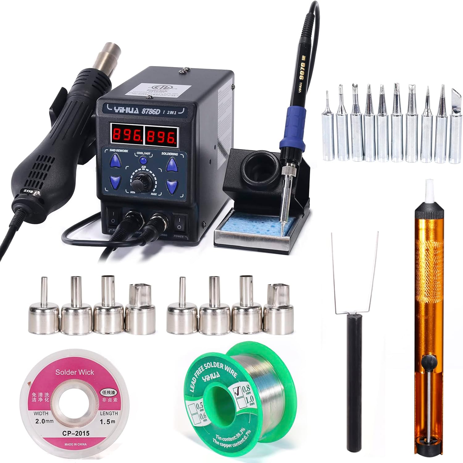 YIHUA 8786D-I Soldering & Rework Station bundle with #2300 Hot Air Nozzles with Iron Holder, Cleaning Kit, and Accessories (27 Items)