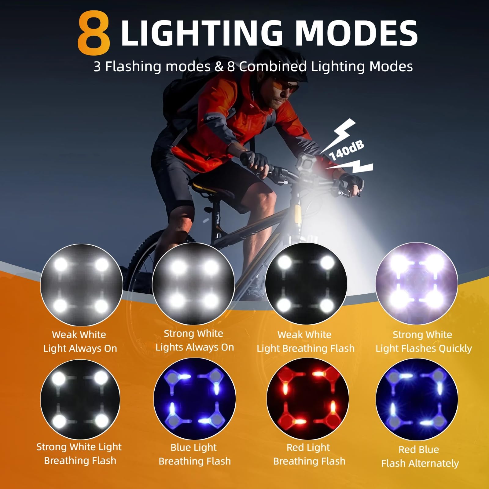 Klaxon de vélo 140 dB avec feux avant et arrière, sonnette de vélo rechargeable par USB avec phare LED à large faisceau, résistant à l'eau IPX6, pour la conduite de nuit et les trajets quotidiens