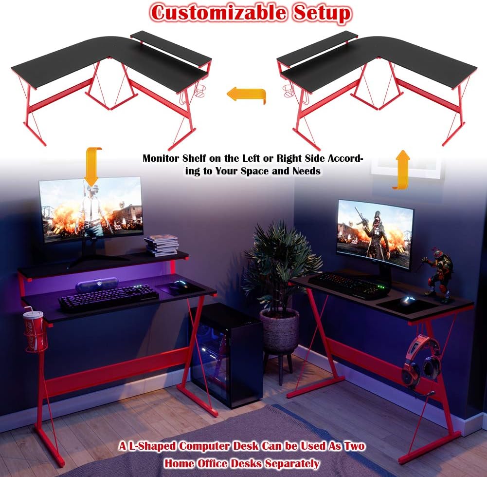 Bestier 55.2” Gaming L-Shape Computer Desk w/RGB Led Strip Light Modern Corner PC Desk Home Office Study Workstation, RED