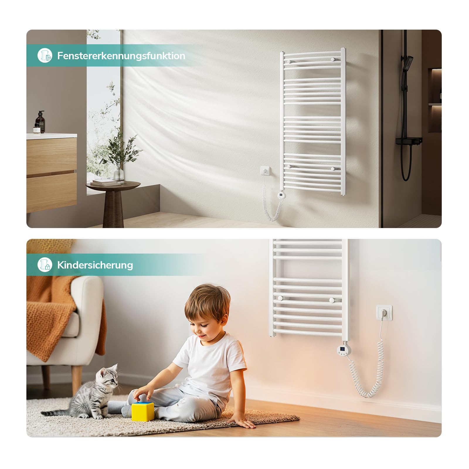 EMKE WiFi Badheizkörper Elektrisch 1200x500 mm Gebogen Handtuchheizkörper 500W Weiß
