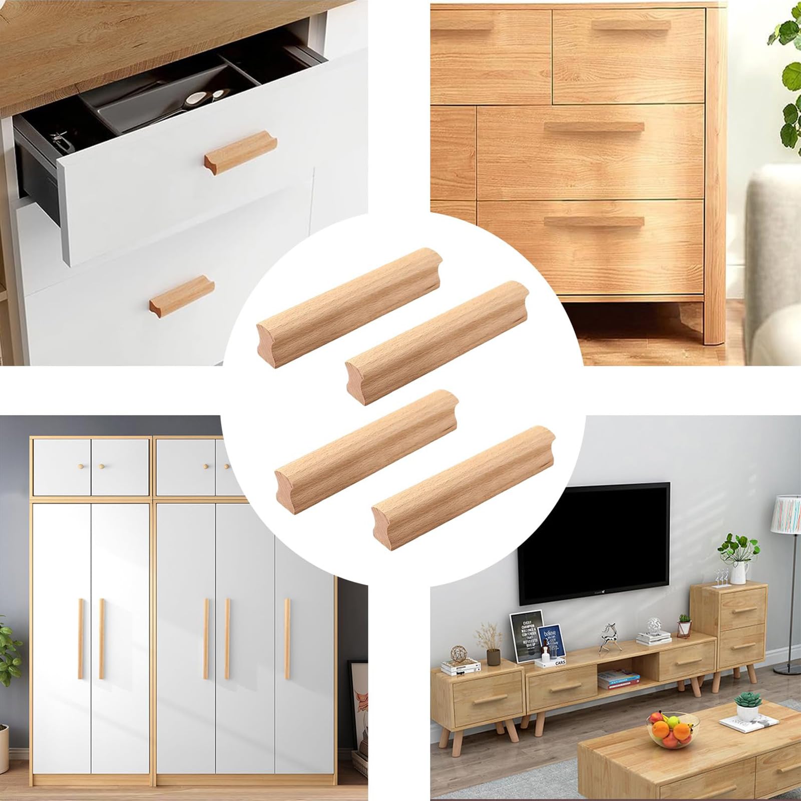 Maniglie in Legno, 6 Pezzi Pomelli Cassetti per Mobili Cucina in Legno Con 12 Viti, Interasse Fori 160 mm, per Bagni, Cucine, Armadi