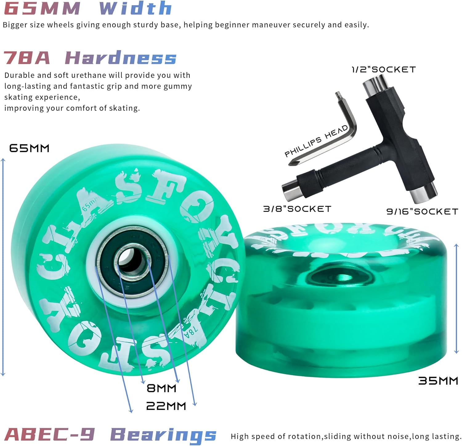 78A Indoor or Outdoor 65x35mm Quad Roller Skate Wheels with ABEC-9 Bearings 8 Pcs