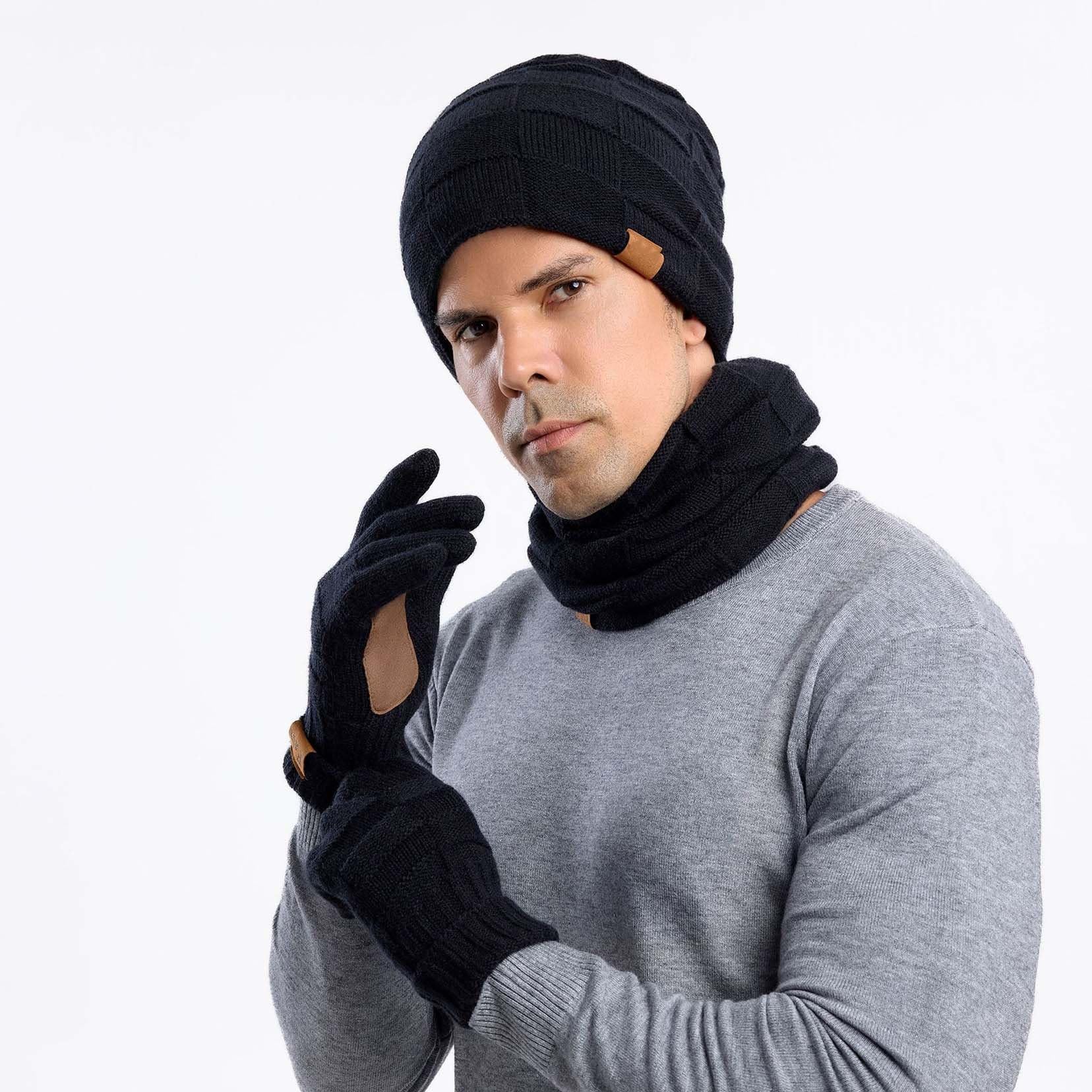 Herren- und Damen-Hut-Schal-und-Handschuh-Set, winterliche thermische Strick-Fleece gefütterte Mütze, Schneehalswärmer und Touchscreen-Handschuhe, wärmende Accessoires