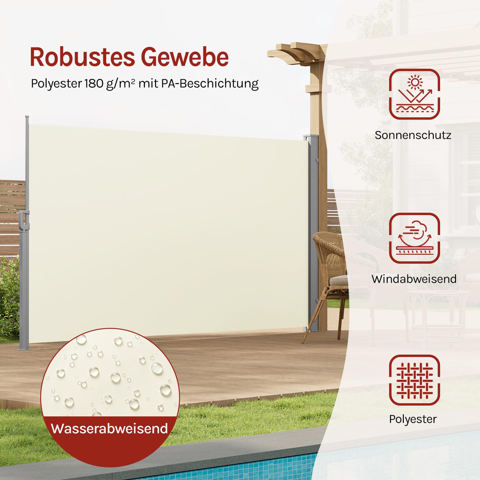 WOLTU Seitenmarkise Ausziehbar 160x350cm Creme | ausziehbar; Sichtschutz; Sonnenschutz; Windschutz; mit Wandhalterung