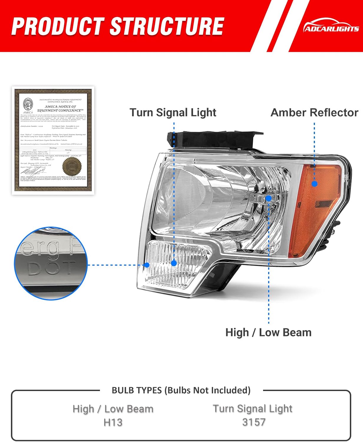 Headlight Assembly for 2009 2010 2011 2012 2013 2014 Ford F150 Pickup Headlamp Left and Right Sides Chrome housing(Bulb Not Included)（W/O Bulbs）