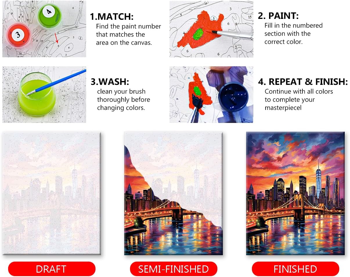 TUMOVO Paint by Numbers for Adults Colorful Cityscape Adults' Paint by Number Kits Brooklyn Bridge Sunset Landscape Art Painting Kits with Brushes Oil Painting Art Crafts 16x20 in