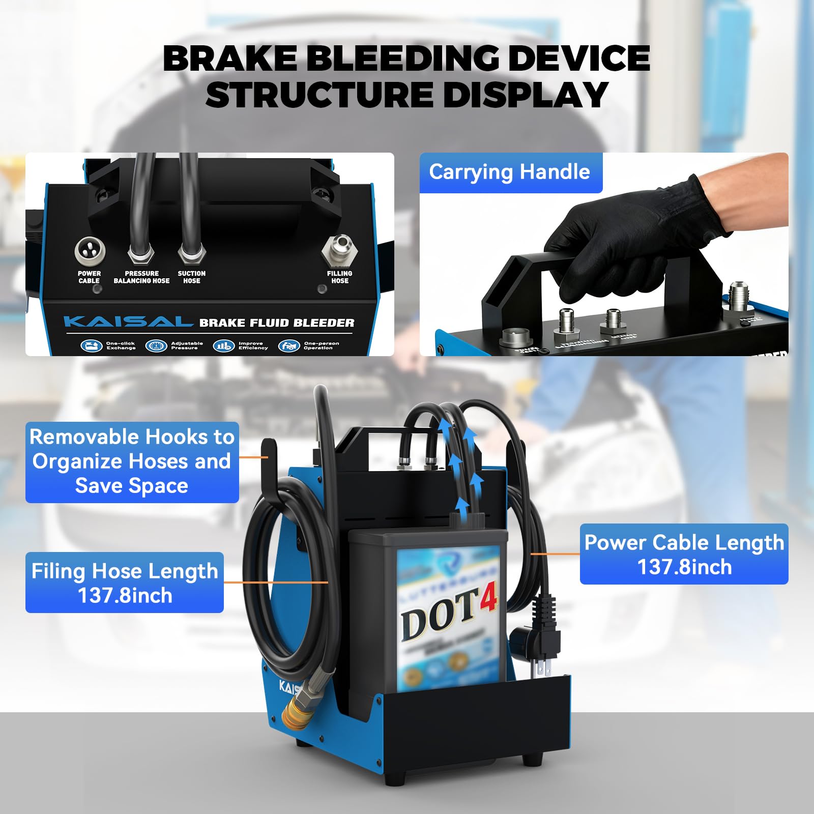 KAISAL Purgador de Frenos Eléctrico, 220V Pulso Brake Bleeder Kit, Máquina Automatizadas para Cambio de Líquido de Frenos de Coche, Protección contra Baja Presión de Aceite, 3 Adaptadores