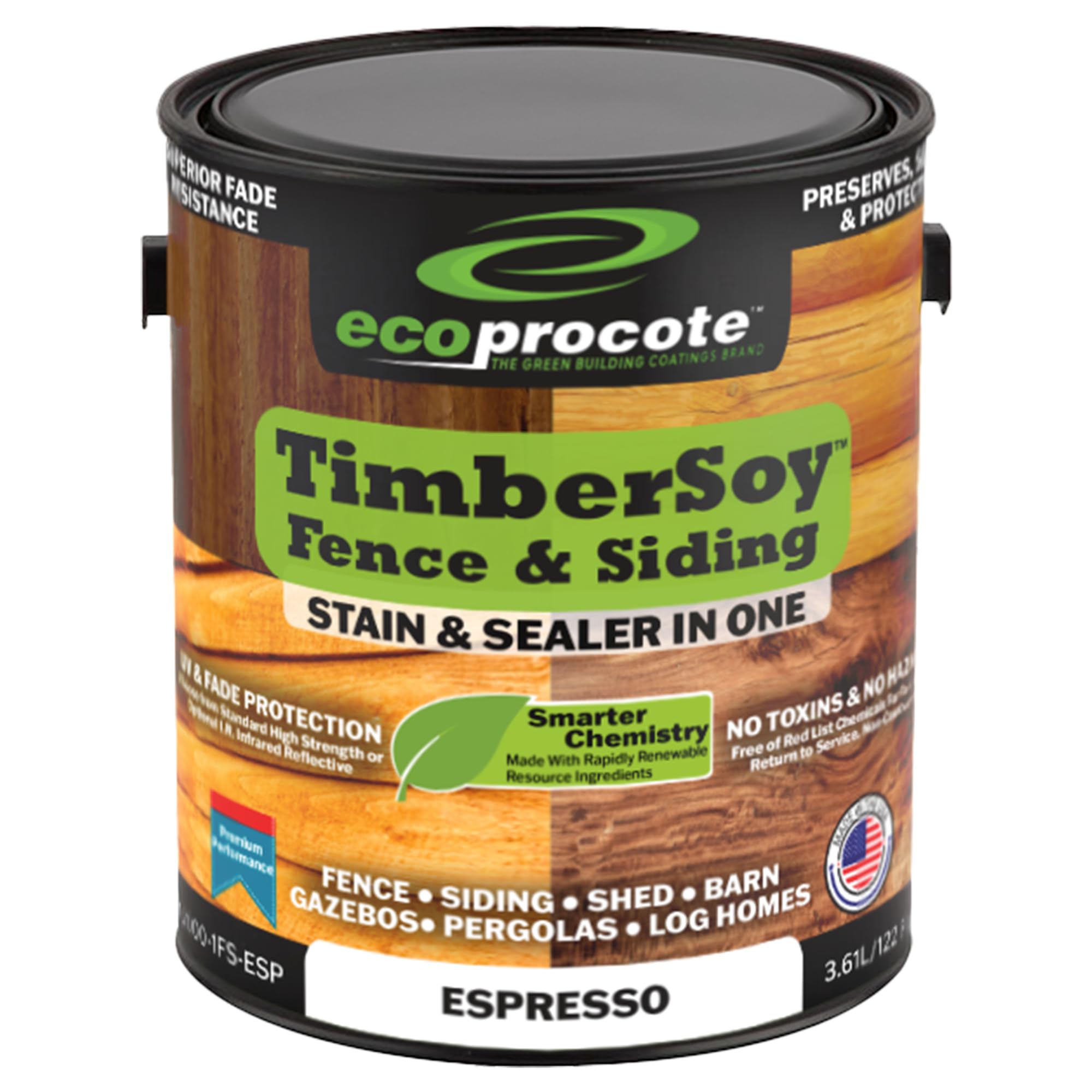 TimberSoy Wood Stain and Sealer in One — UV Resistant, Voc-Free & Non-Toxic Wood Stain & Wood Sealer for Fence, Siding, Shed, Log Homes, Outdoor Furniture & Decks, Made in USA — 1 Gallon, Espresso