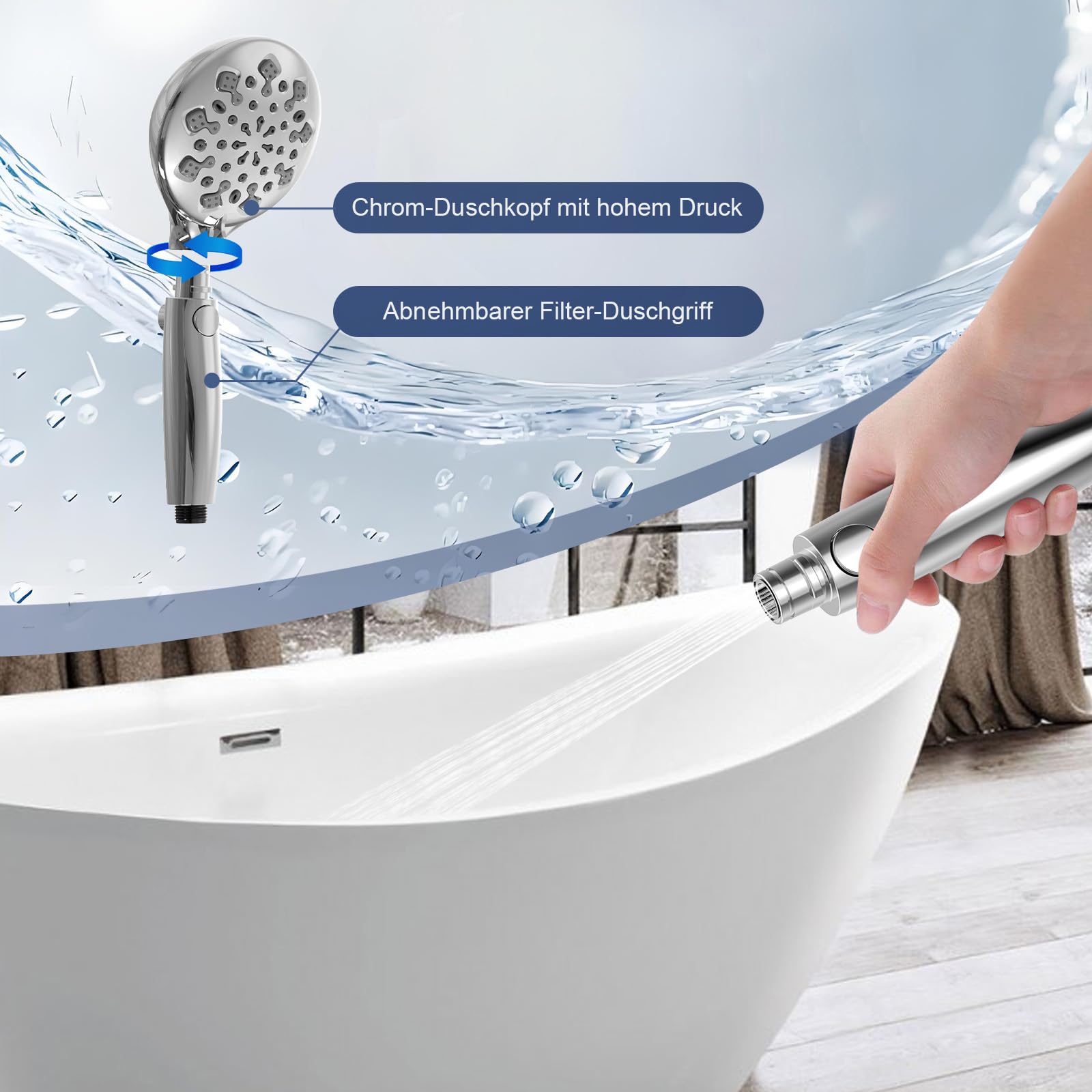 Alcachofa de Ducha con 2 Filtros, Manguera Duchas 1.5 M, 10 Tipos Cabezal Alcachofas alta presión, Ahorro de Agua Antical Función Multinivel, Ideal Para Agua Dura Baño SURFOU