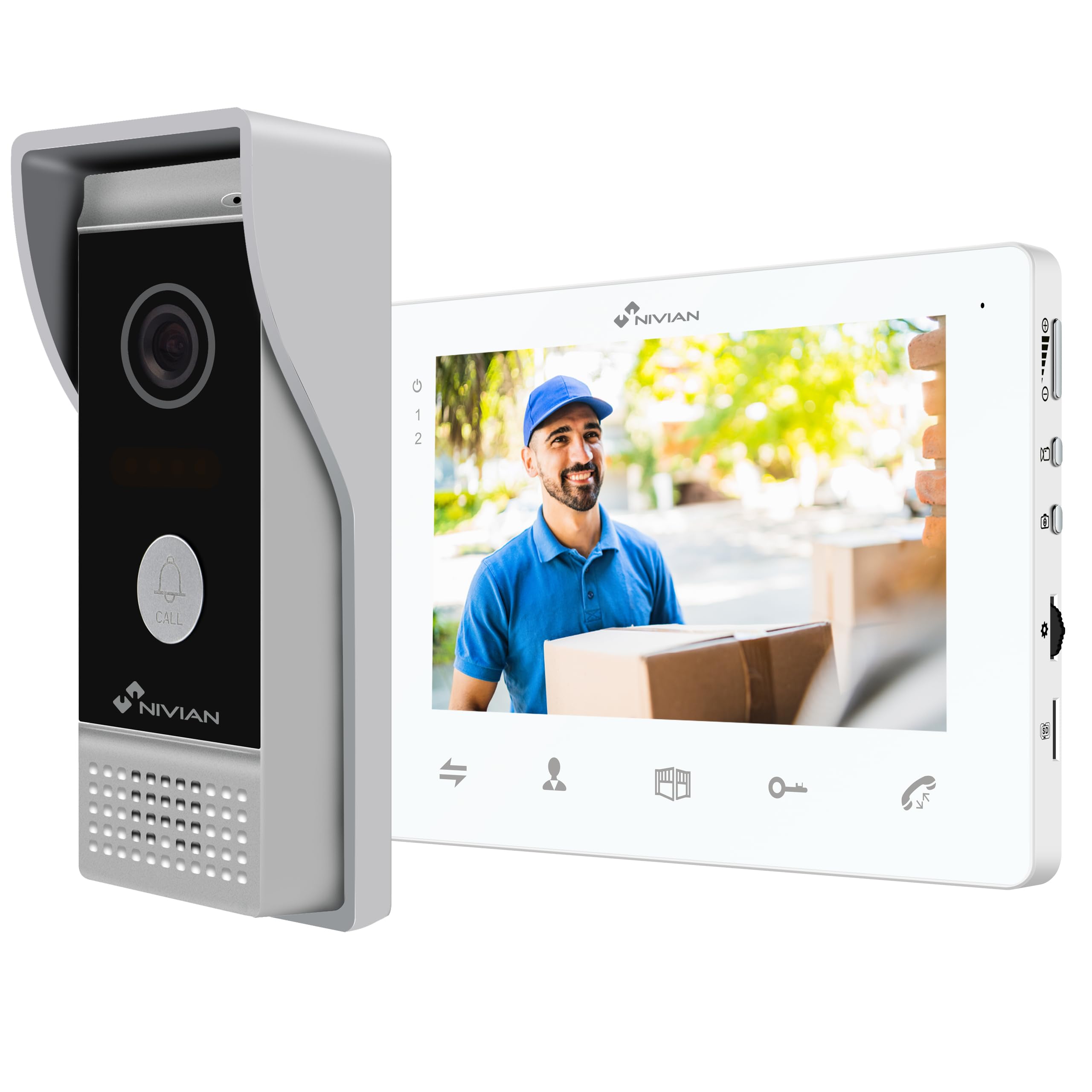 NIVIAN Videoportero 2 Hilos Analógico con Monitor 7” HQ Pantalla Interior con Audio Bidireccional | Placa Exterior IP65 Antivandálica con Visión Nocturna, Abrepuertas Eléctrico. Smart Security
