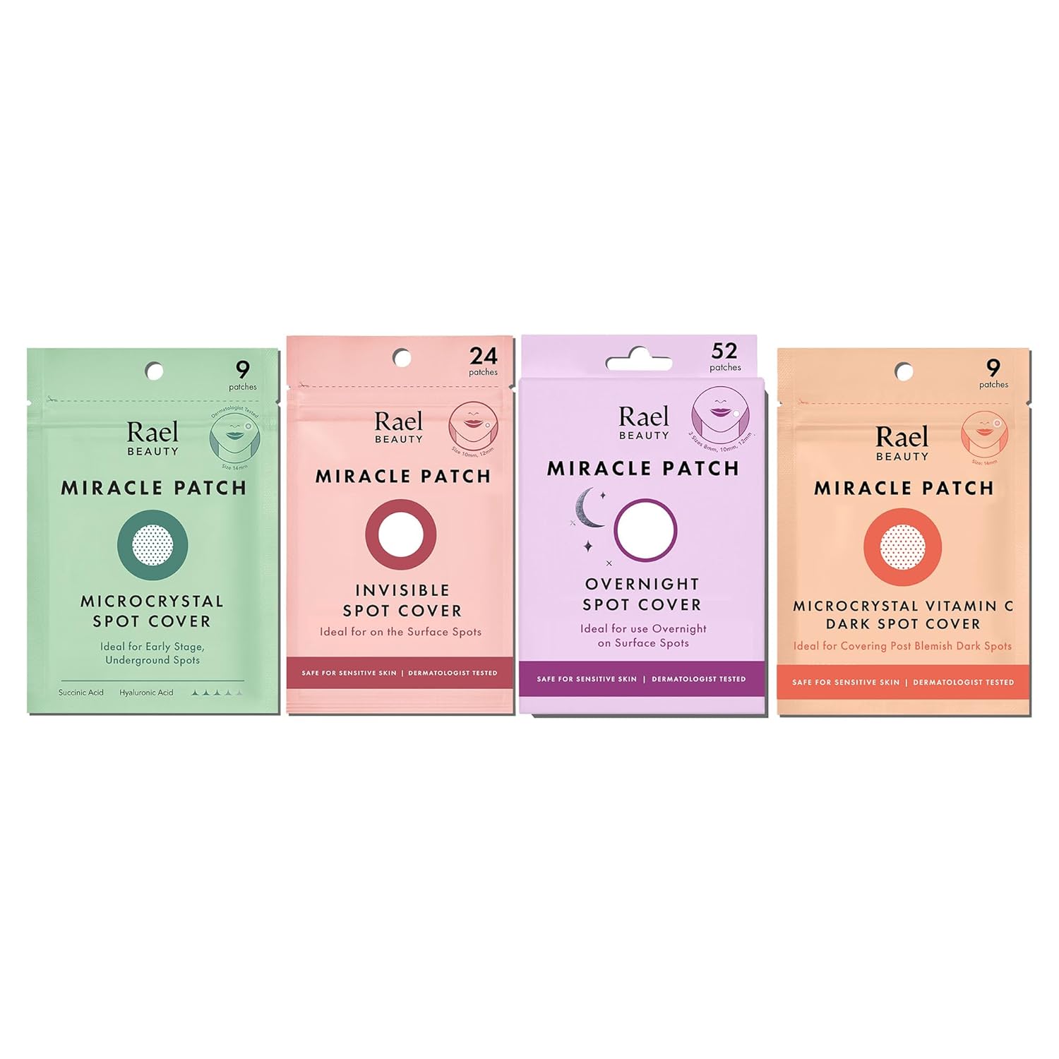 Rael Miracle Bundle - Microcrystal Spot Cover (9 Count), Invisible Spot Cover (24 Count), Overnight Spot Cover (52 Count), Dark Spot Cover (9 Count)