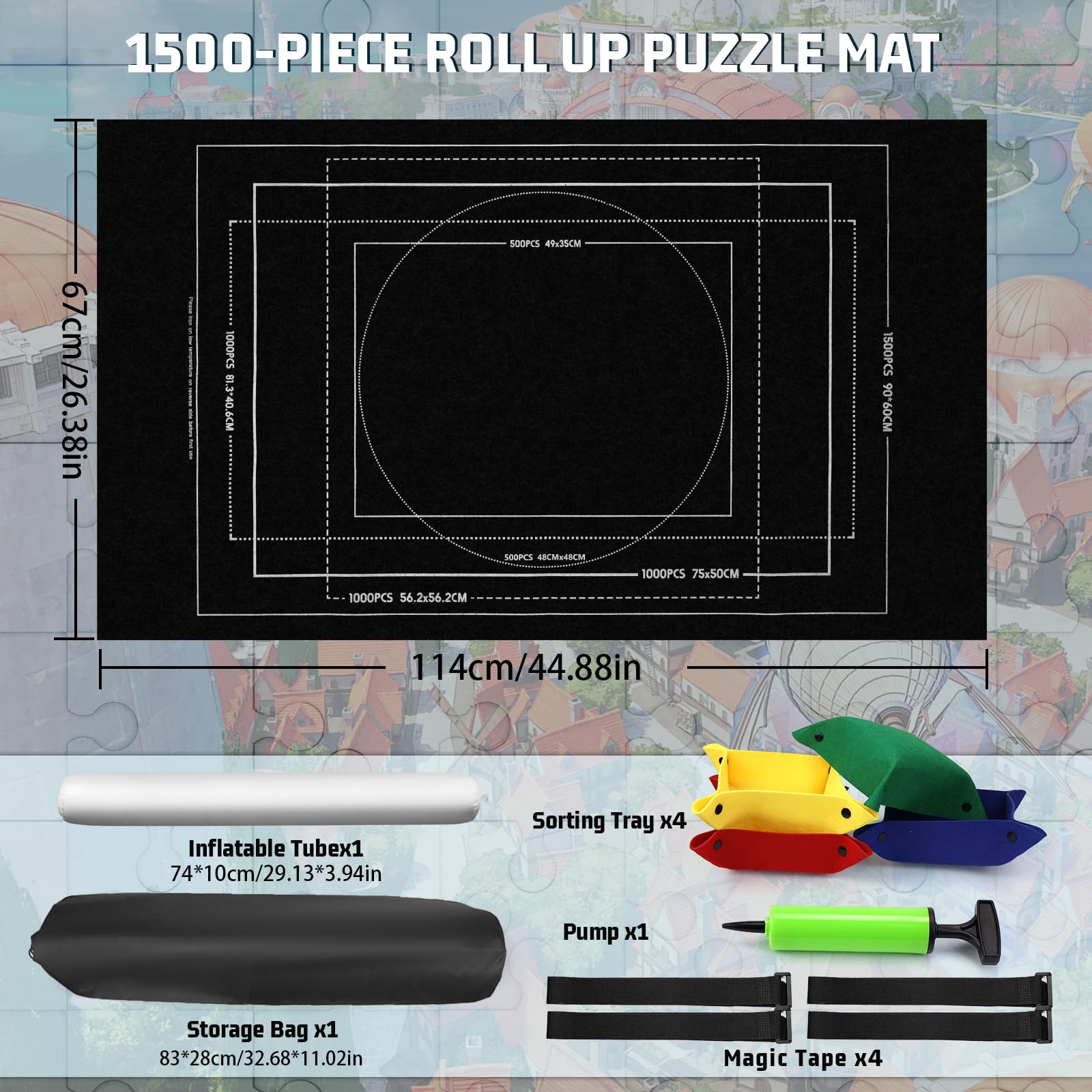 Mata do puzzli, 500, 1000, 1500 elementów, podkładka do puzzli, do 1500 puzzli, mata rolowana z 4 filcowymi miseczkami do sortowania, do przechowywania puzzli