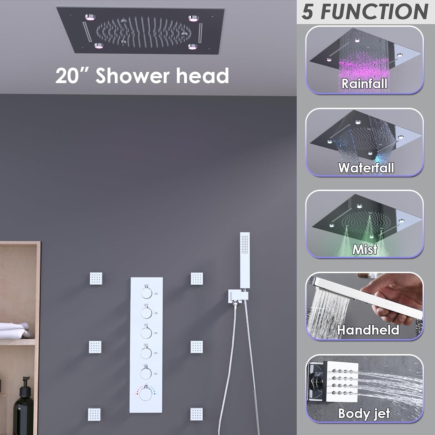 Enga 20 Inch Rain Shower System, LED Atomizing Rainfall Waterfall Large Horizontal Square Ceiling Shower Head with Remote Control Thermostatic Shower Faucet Set Flow Can Be Controlled, Chrome