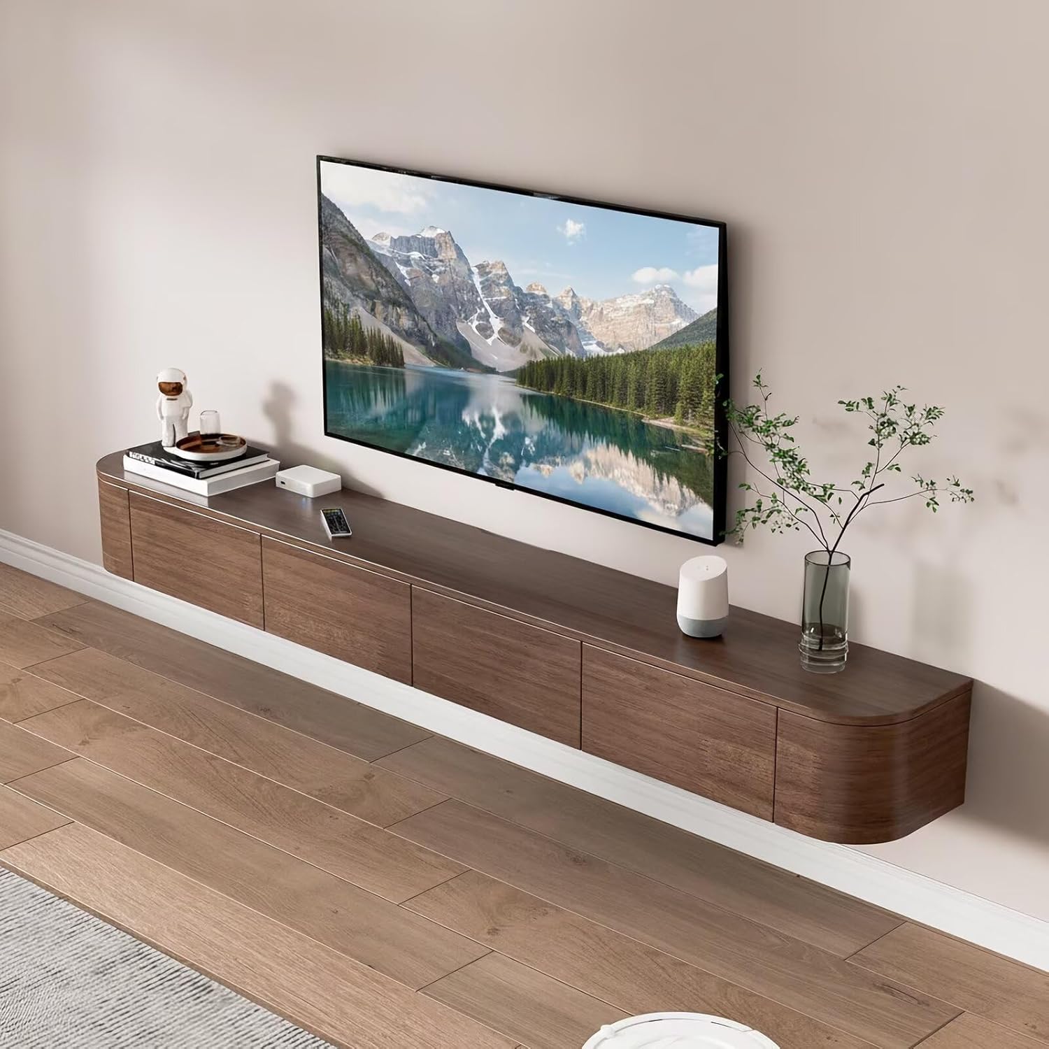 Pre-Assembled Floating TV Stand with Drawers, Rubberwood Wall Mounted TV Console, Modern Media Console for Living Room, Space-Saving Floating TV Cabinet (Brown, 71in/180cm)