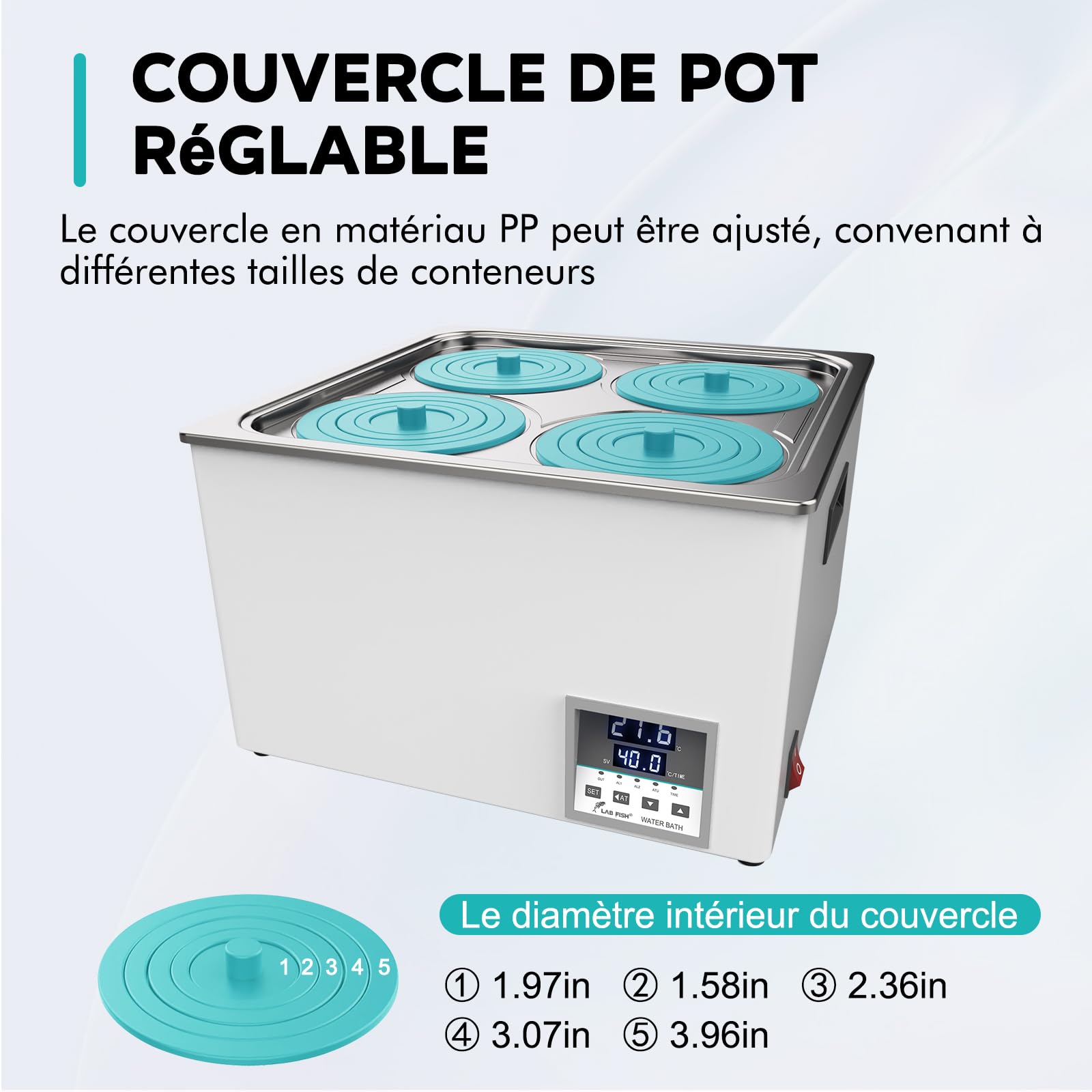 LABFISH Bain-marie numérique de laboratoire Capacité 12L Chauffage thermostatique Doublure en acier inoxydable 4 ouvertures