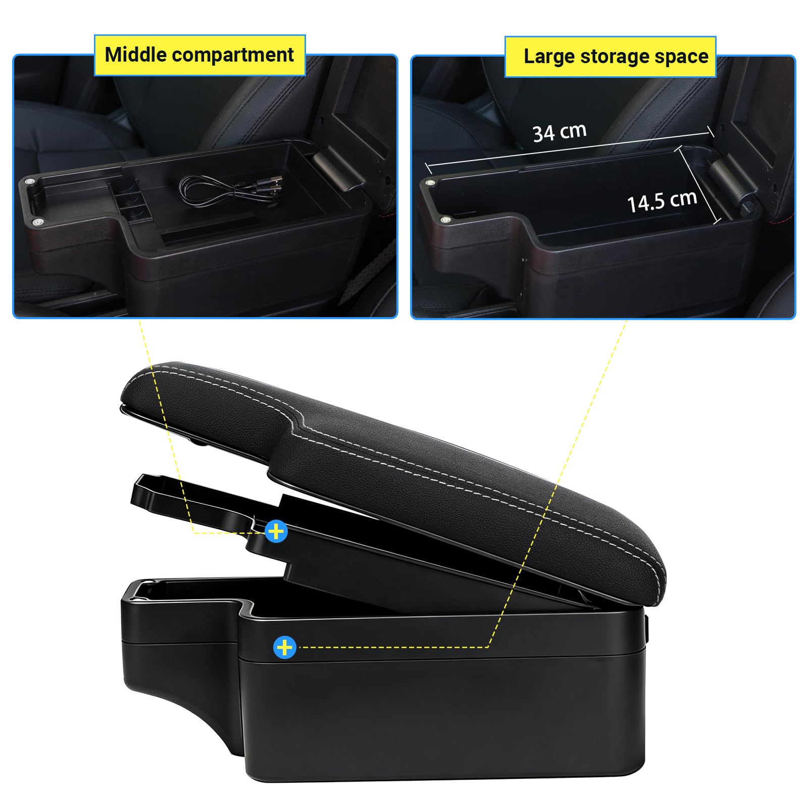 YJYWZH compatibile con FIAT 500 Bracciolo Auto Centrale 2012-2024 Braccioli, con Base di Montaggio Dedicata, 5 Porte USB, Doppio vano Portaoggetti Nero con Cuciture Bianco
