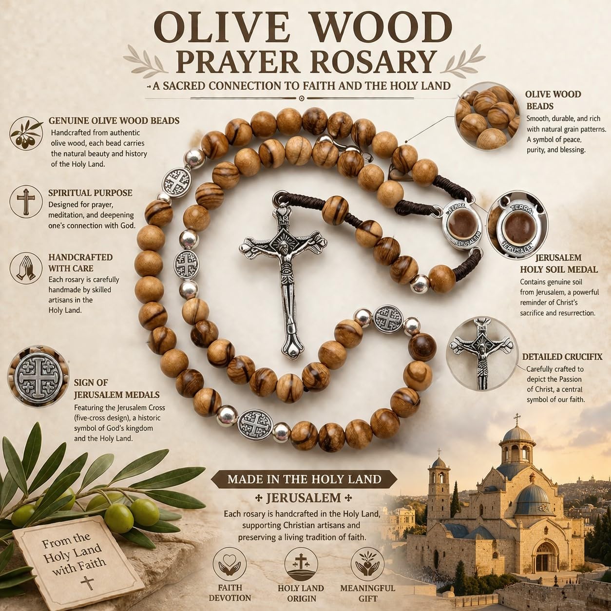 TALISMAN4U Olive Wood Rosary Beads Catholic Necklace With Jerusalem Holy Soil & Certificate In Blue Velvet Rosary Pouch