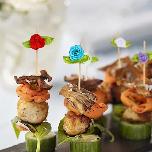 Miniatura 5 de 100 palillos de dientes de flores rojas para aperitivos de 4.7 pulgadas de largo, selecciones de cóctel de bambú, despedidas de soltera, bodas,
